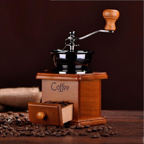 

classical wooden manual coffee grinder stainless steel retro coffee spice mini burr mill wheel machine