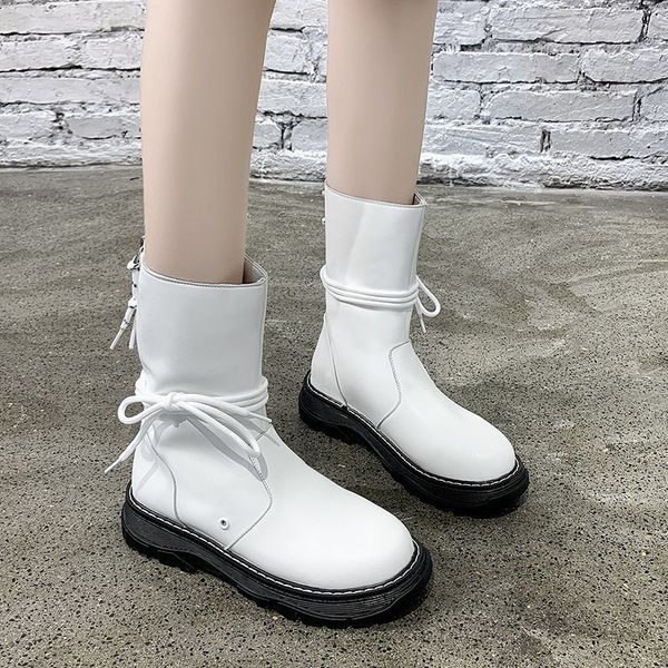 

lucyever retro british style motorcycle boots women fashion lace up flat heel mid calf boots woman black white slip on booties