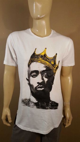 

2pac king white drop tail t-shirt nwa la tee shakur row dr.dre 2 pac