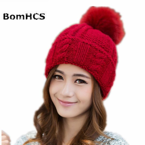 

bomhcs hair ball 100% handmade knitted beanie hat women lady autumn winter warm cap hats, Blue;gray