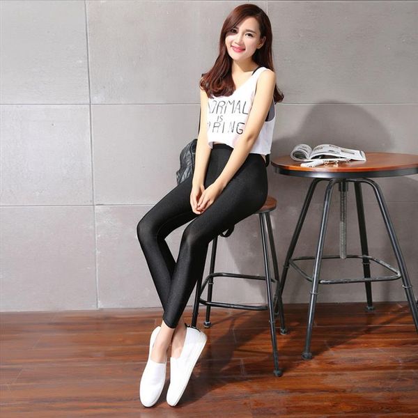 

горячий продавать 2020 женщины сплошной черный pant гетры большой размер spandex shinny эластичность повседневный плюс размер 5xl брюки для, Black