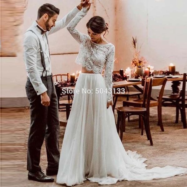 

lace full sleeves two-pieces wedding dresses v type backless soft tulle boho beach wedding gown vestido de noiva 2020, Blue;red