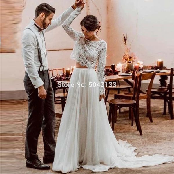 Abiti da sposa a due pezzi in pizzo a due pezzi sexy V digitless backless tulle boho spiaggia abito da sposa a buon mercato Vestido de noiva 2020