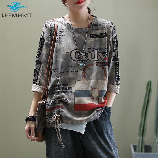 

women spring autumn fashion round neck long sleeve knitting sweater korean print large size casual loose drawstring wild sweater, White;black