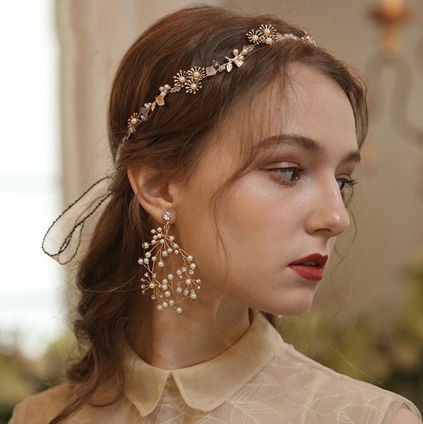 

bridal hair jewelry pearl crystal headband tiara earrings set flower leaf headpieces crown brides hairbands wedding accessories, Golden;silver