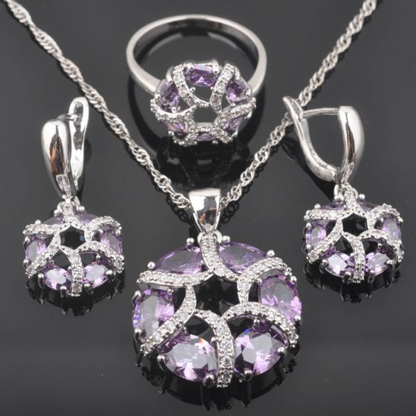 

фиолетовый кристалл женские свадебные украшения наборы цирконий серебро ожерелье цвета кольца и серьги qz0440, Silver