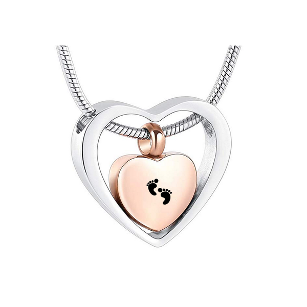 

lkj8078 steel color big heart rose gold mini heart cremation necklace baby foot printed memorial urn ashes holder locket jewelry, Silver
