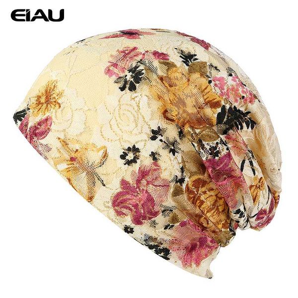 

spring autumn beanies hats women lace printing caps double layer cotton hats colorful floral print beanies for girls bonnet, Blue;gray