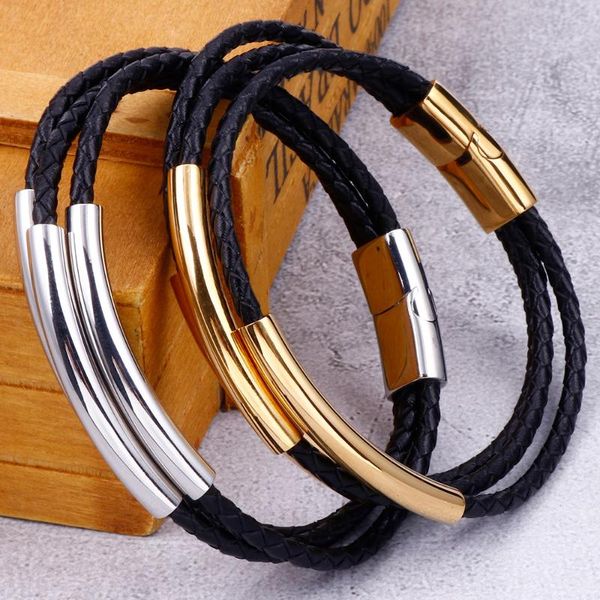 

gold stainless steel friendship bracelets three layer braided genuine leather wrap bracelet men magnet clasp man bracelet homme, Golden;silver