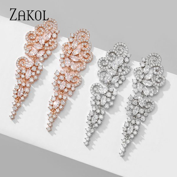 

dangle & chandelier zakol zirconia long wedding drop earrings for bridesmaid luxury silver color leaf floral bridal engagement jewelry f