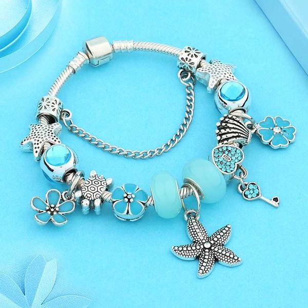 

leabyl ocean series blue crystal charm bracelet for women girl blue enamel flower heart turtle starfish diy bead bracelet, Golden;silver