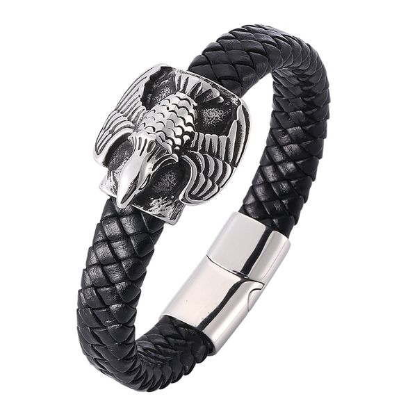 

men jewelry new fashion woven leather rope bracelet eagle stainless steel magnetic buckle punk bracelet wristband c790, Golden;silver