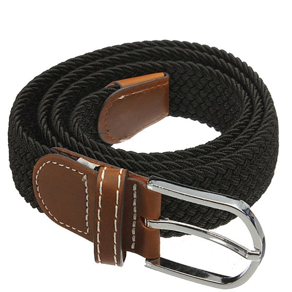 

men women stretch braided elastic leather buckle belt waistband black, Black;brown
