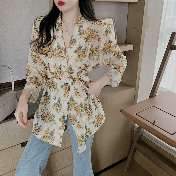 

women's blouses & shirts chiffon floral long sleeve notched collar double breasted sashes loose waist blusas korean fashion, White