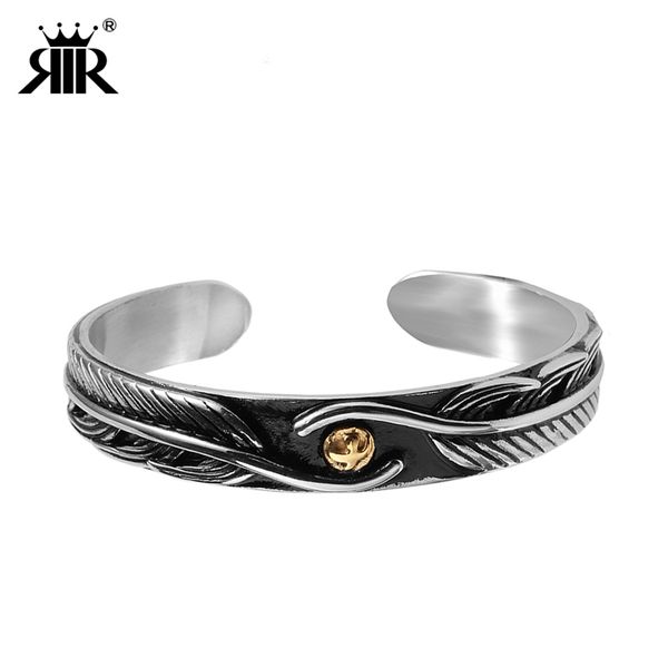 

bangle rir fashion wrap around adjustable gold stainless steel cuff eagle / hawk feather for men or women gifts, Black