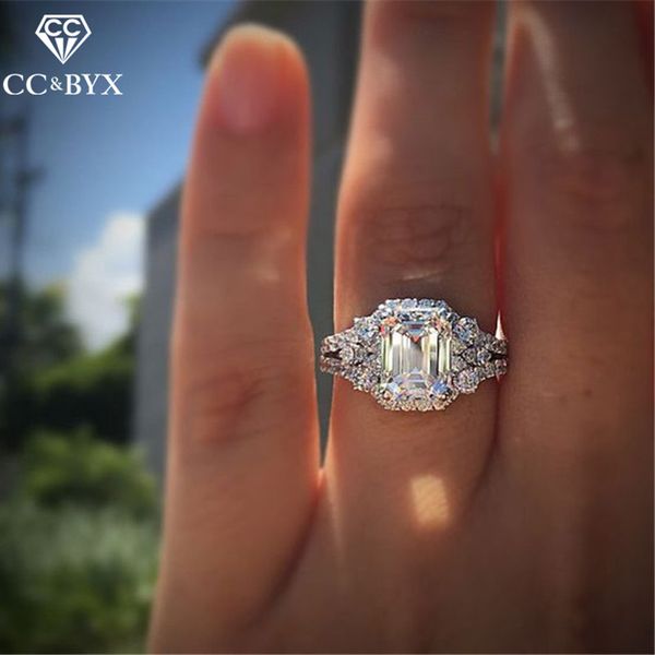 

cluster rings for women silver-plate princess square cubic zirconia wedding engagement ring bridal bague drop 3114, Golden;silver