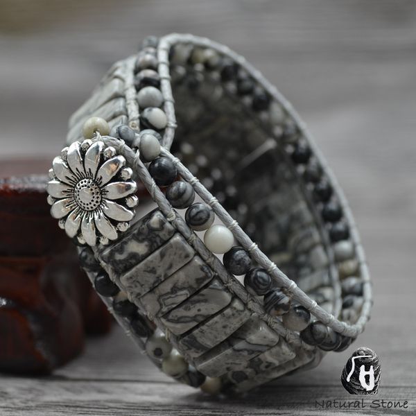 

men women natural stone bracelet multi stands waxed cord wrap tube round bead bracelets fashion boho jewelry gift for femme, Golden;silver