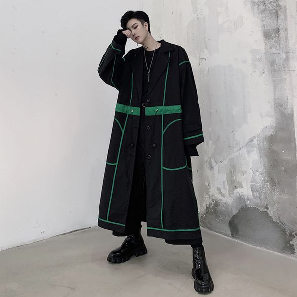 

men's trench coats male women couple streetwear hip hop long jacket windbreaker outerwear trenchcoat men green edging loose casual coat, Tan;black