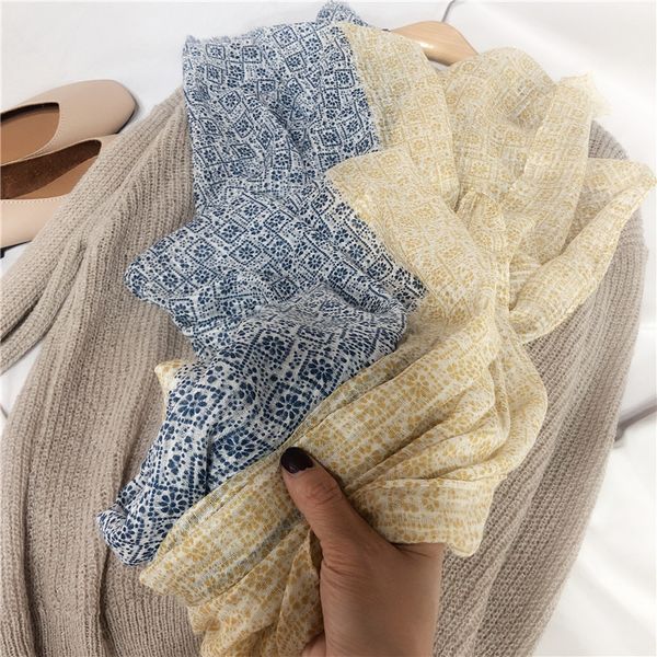 

2020korean literature color matching small flower cotton women's scarflong shawl dual fashion cotton silk scarf beach towel, Blue;gray
