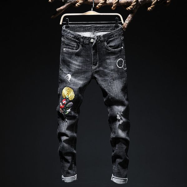 

men's jeans fall 2021 black hole straight leg cultivate morality man han edition embroidery stretch pants, Blue