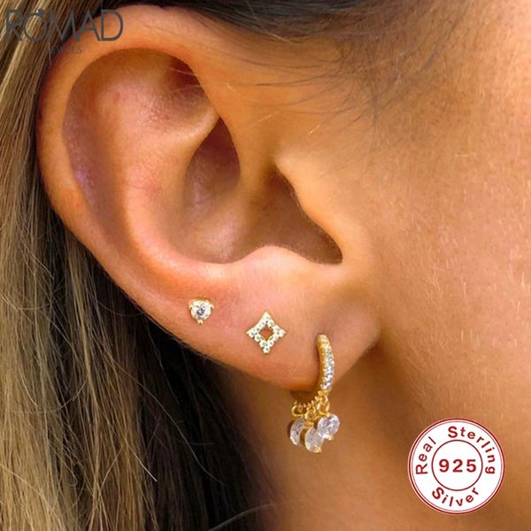 

hoop & huggie romad dazzling 925 sterling silver earrings three small round zircon for women girls fine jewelry pendientes w4, Golden;silver