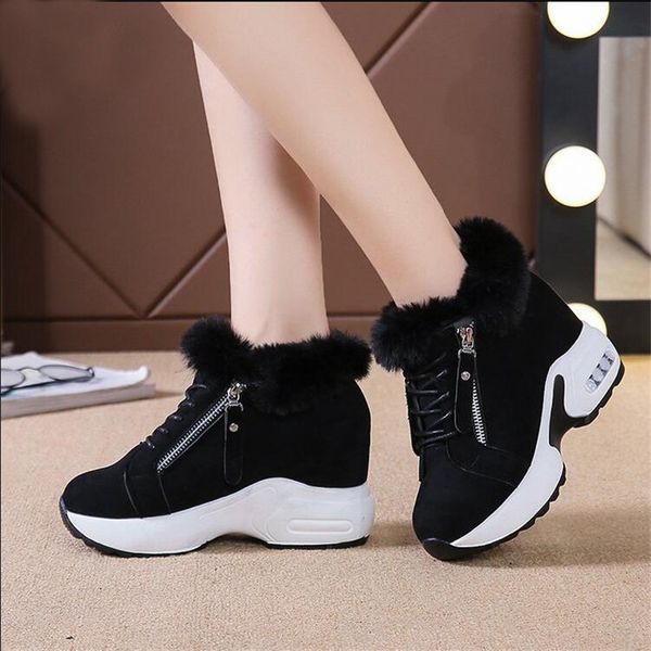 

women boots 2020 women's hidden heels plush warm winter sneakers casual ladies side zipper high platform casual shoes woman, Black