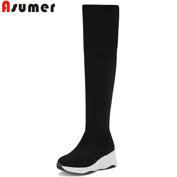 

asumer 2020 new over the knee boots round toe suede leather boots women flat platform shoes autumn winter long, Black