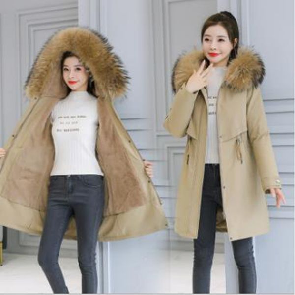 

wholesale fashion women's winter parkas mid-length hooded s-6xl lamb hair loose pie overcoming down cotton jacket, Black