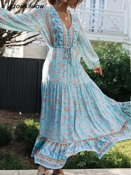 

casual dresses 2021 bohemia buttons v neck mint green floral print boho long sleeve dress woman bow strappy lacing up waist holiday, Black;gray