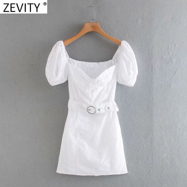 

party dresses zevity women hollow out embroidery solid sashes casual slim mini dress ladies puff sleeve chic back elastic ds4178, White;black
