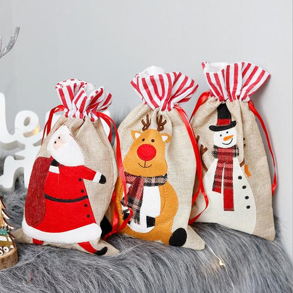 

christmas linen three-dimensional embroidered candy bag drawstring bag gift bags pouch reusable packaging xmas new year