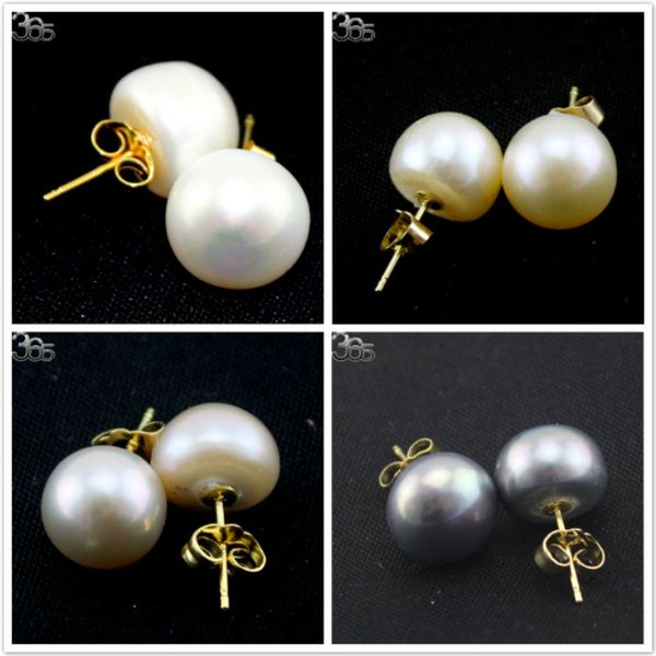 

stud wedding jewelry gift box packed gold filled studs white pink natural freshwater pearl earrings 10-11mm, Golden;silver
