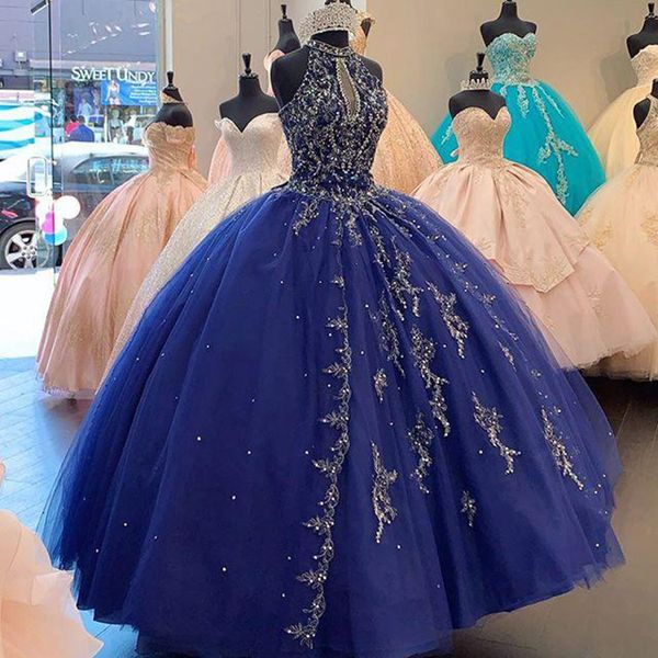 

2020 shinning dark blue quinceanera dresses beads halter neck sweet 16 party gowns vestidos de 15 aÃ±os, Blue;red