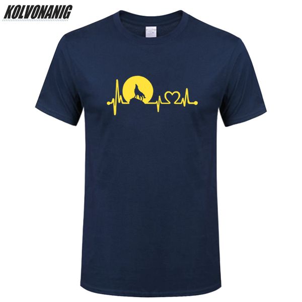 

summer 2019 men's clothing brand design heartbeat line full moon wolf animal print men t shirt 100% cotton plus size tee-shirts