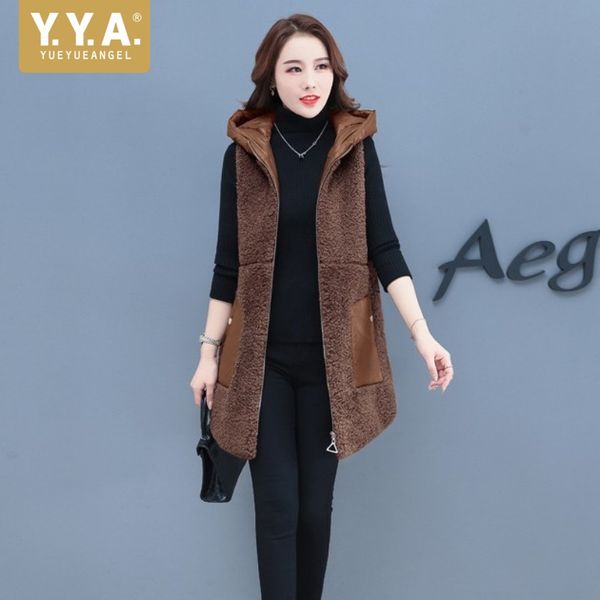 

fashion lambswool vest women 2020 new warm zip hooded waistcoat autumn winter office lady pocket white sleeveless jacket m-3xl, Black;white