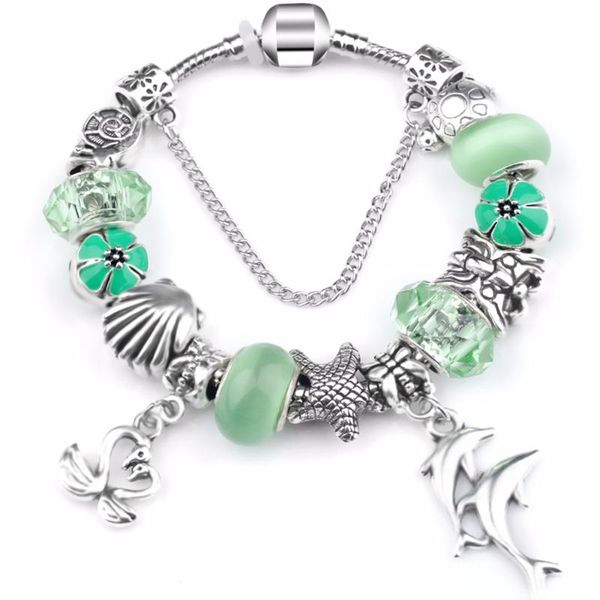 

2020 european ocean beach seashell turtle dolphin bead fit bracelet blue crystal pa bracelets & bangles pulseira feminina, Black
