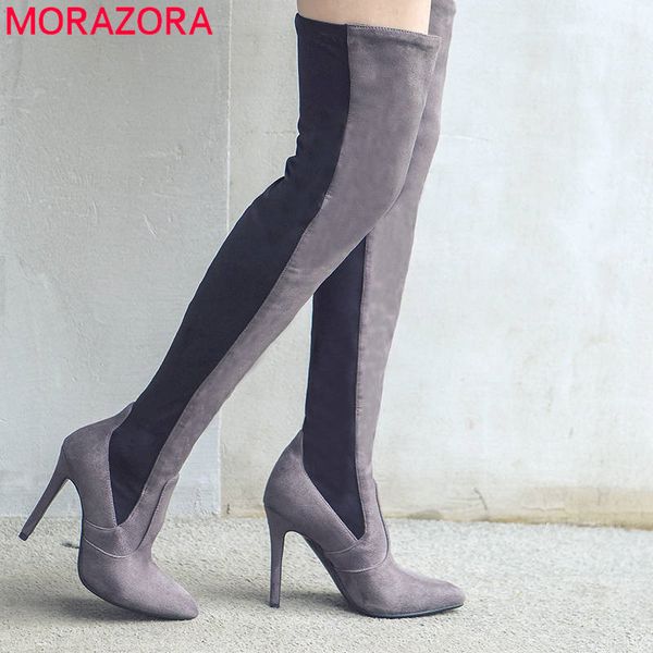 

morazora 2020 big size 34-43 stretch thigh high boots pointed toe flock autumn winter boots high heels over the knee, Black