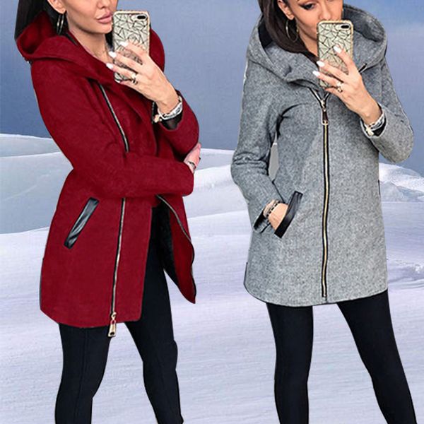 

new autumn winter casual long hoodies sweatshirt women zip up outerwear hooded jacket plus size velvet outwear coat pocket, Black