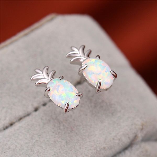 

stud simple female blue white opal earrings vintage silver color small for women fun bridal pineapple wedding, Golden;silver
