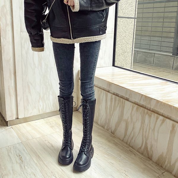 

women shoes 2020 autumn winter platform knee high boots lace up cowboy motorcycle boots ladies female shoes for woman bot, Black