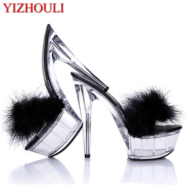 

new fashion feather show 15 cm high fashion shoes, crystal wedding slippers, Black