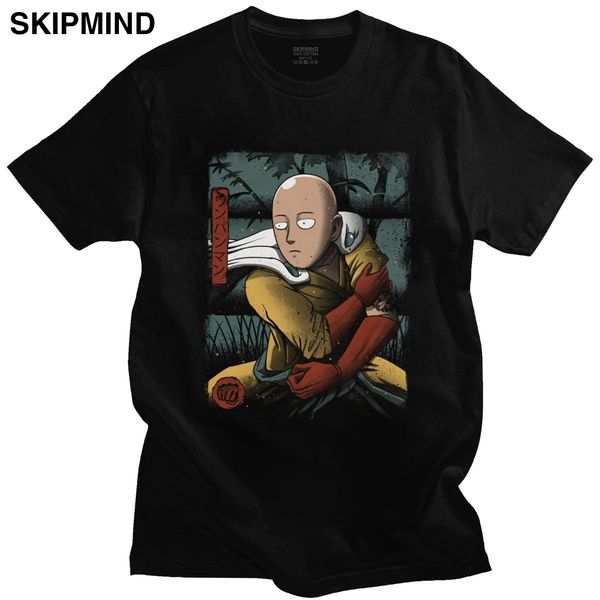 

unique one punch man saitama t-shirt for men short sleeve samurai tshirt japan superhero anime t shirt pure cotton manga tee top