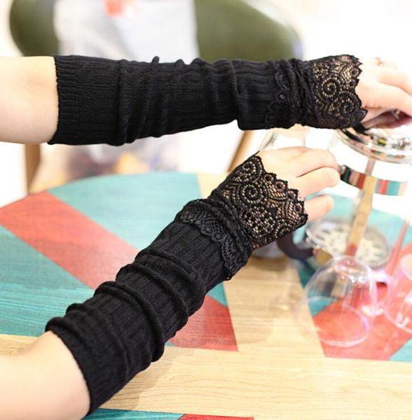 

five fingers gloves women' autumn winter knitted glove female solid black lace fingerless long arm sleeve driving r1345, Blue;gray