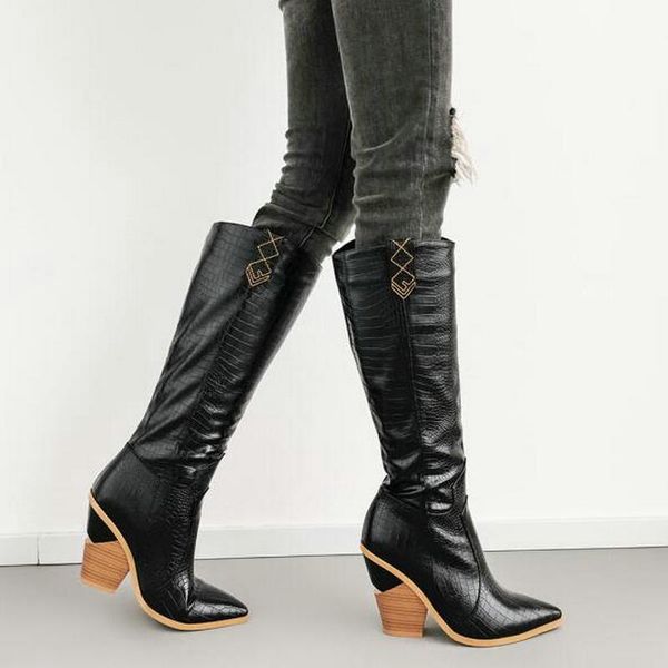 

drop shipping winter embossed knee high boots women strange style high heel western boots pointed toe tall shoes autumn gold, Black