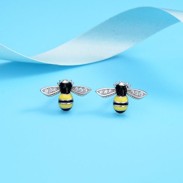 

other tuliper 925 sterling silver bee stud earrings for women animal yellow enamel zircon party jewelry korean fashion kpop pendientes, Golden;silver