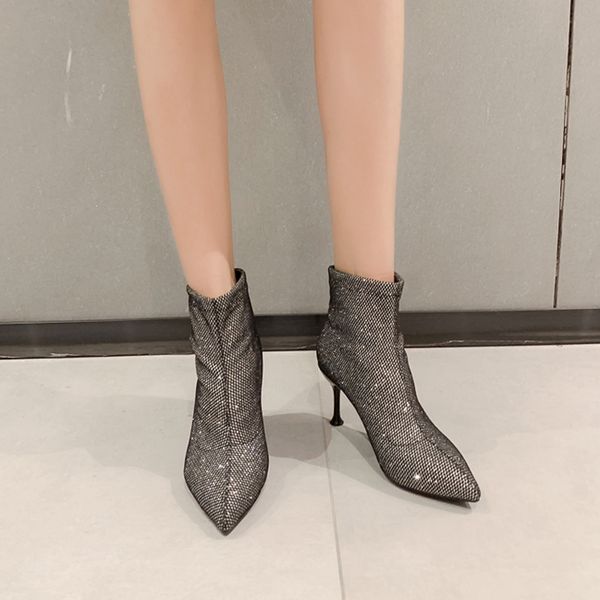 

boots 2021 stiletto high heels pointed toe women sequin ankle ladies heel short booties silver black