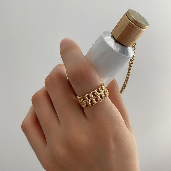 

925 sterling silver ring double chain wide side zircon ring fashion pig nose personality simple female girl silver hand jewelry, Golden;silver