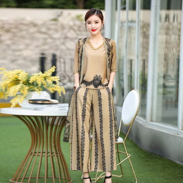 

женская 2019 лето новый напечатанный кардиган внешней крышки жилет широкие брюки ноги coatcoat coattop напечатанной широкий ноги брюки из тр, Gray