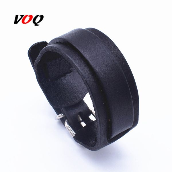 

voq 2020 personality fashion vintage adjustable length wrap wristband double layer leather bracelets for women men jewelry, Golden;silver