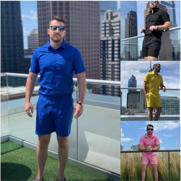 

casual mens jumpsuits fashion single breasted man sets summer mens one piece tracksuits light color lapel neck short sleeve, Gray